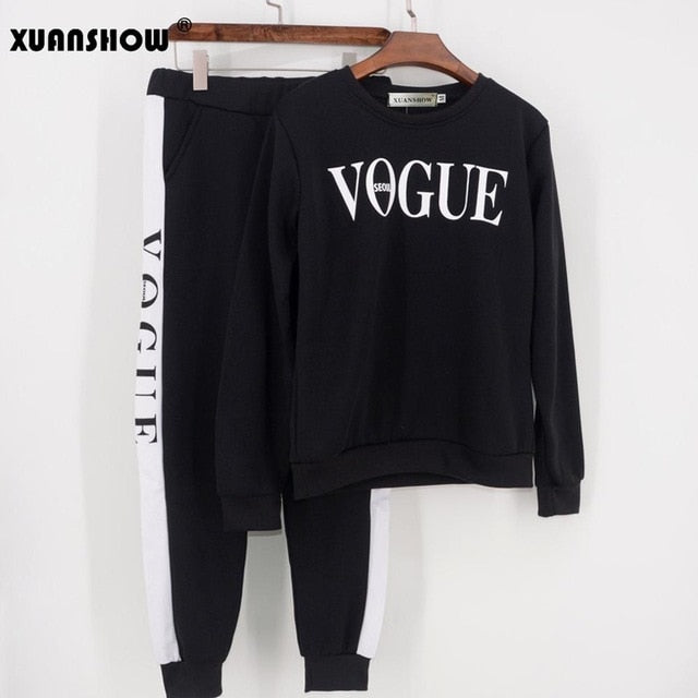 XUANSHOW Tracksuit 2019 Autumn Winter Women's Suit VOGUE Letter Printed 0-Neck Sweatshirt + Patchwork Long Pant 2 Piece Set