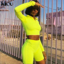 Load image into Gallery viewer, Kliou New Female Fluorescence Fitness Two Pieces Sets 2019 Autumn Full Sleeve Zipper Turtleneck Tops And High Waist Shorts Suits