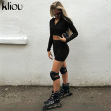 Load image into Gallery viewer, Kliou New Female Fluorescence Fitness Two Pieces Sets 2019 Autumn Full Sleeve Zipper Turtleneck Tops And High Waist Shorts Suits