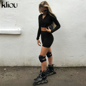 Kliou New Female Fluorescence Fitness Two Pieces Sets 2019 Autumn Full Sleeve Zipper Turtleneck Tops And High Waist Shorts Suits