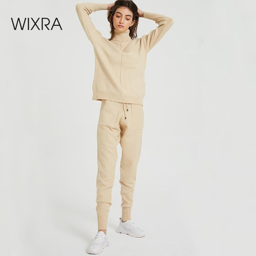 Wixra Women's Sweater Suit and Sets Turtleneck Long Sleeve Sweaters+Pockets Long Trousers 2PCS Solid Casual Sets Autumn Winter