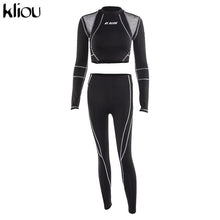 Load image into Gallery viewer, Kliou women fitness sporting two pieces set letter print turtleneck top leggings striped patchwork 2019 fashion 2 pcs tracksuits