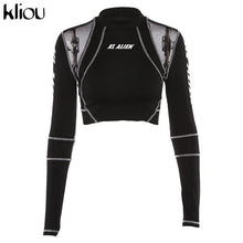 Load image into Gallery viewer, Kliou women fitness sporting two pieces set letter print turtleneck top leggings striped patchwork 2019 fashion 2 pcs tracksuits