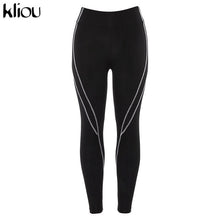 Load image into Gallery viewer, Kliou women fitness sporting two pieces set letter print turtleneck top leggings striped patchwork 2019 fashion 2 pcs tracksuits