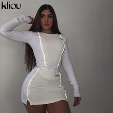 Load image into Gallery viewer, Kliou women fashion Reflective Striped patchwork two pieces set 2019 white full sleeve crop top bottom skirts outfit tracksuit